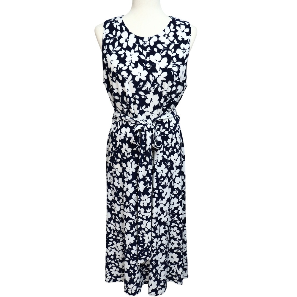 Lauren Ralph Lauren Floral Sleeveless Tie Waist Midi Dress 16 Navy White Stretch